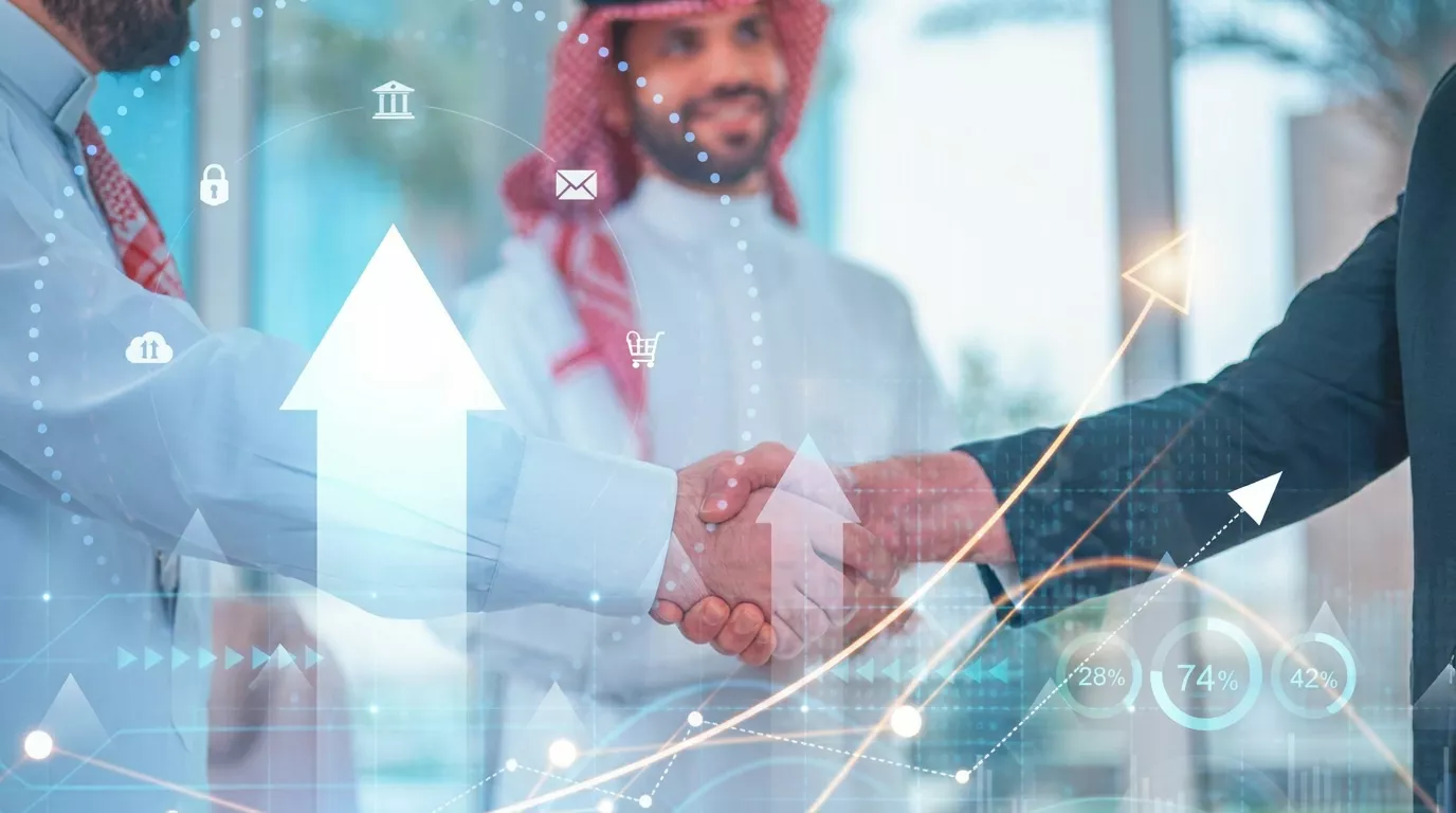 Business professionals in traditional Middle Eastern attire shaking hands during a partnership meeting, with digital finance icons and upward growth graphs overlayed to symbolize business growth and innovation.