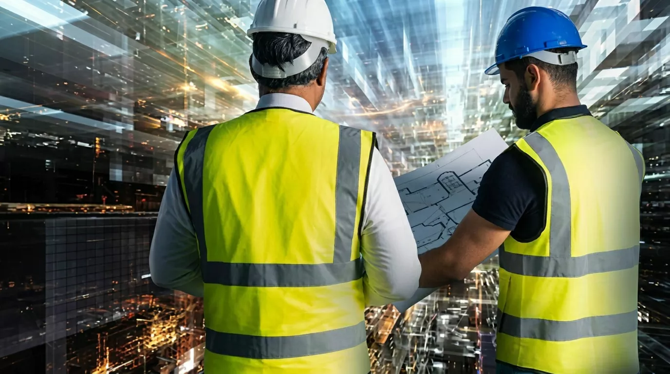 Two construction engineers wearing safety helmets and reflective vests reviewing blueprints in a futuristic industrial setting, representing infrastructure development and smart technology integration.